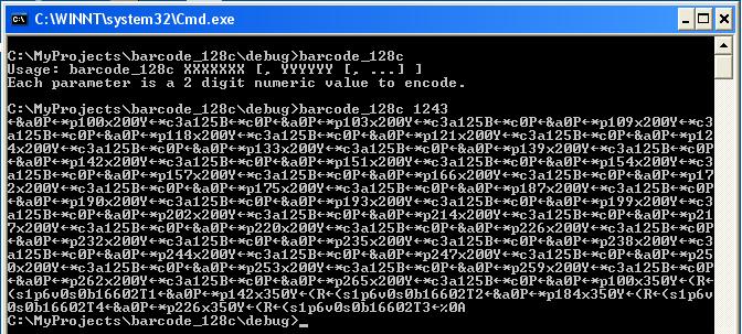 Shows command prompt window with output from barcode_128c.exe